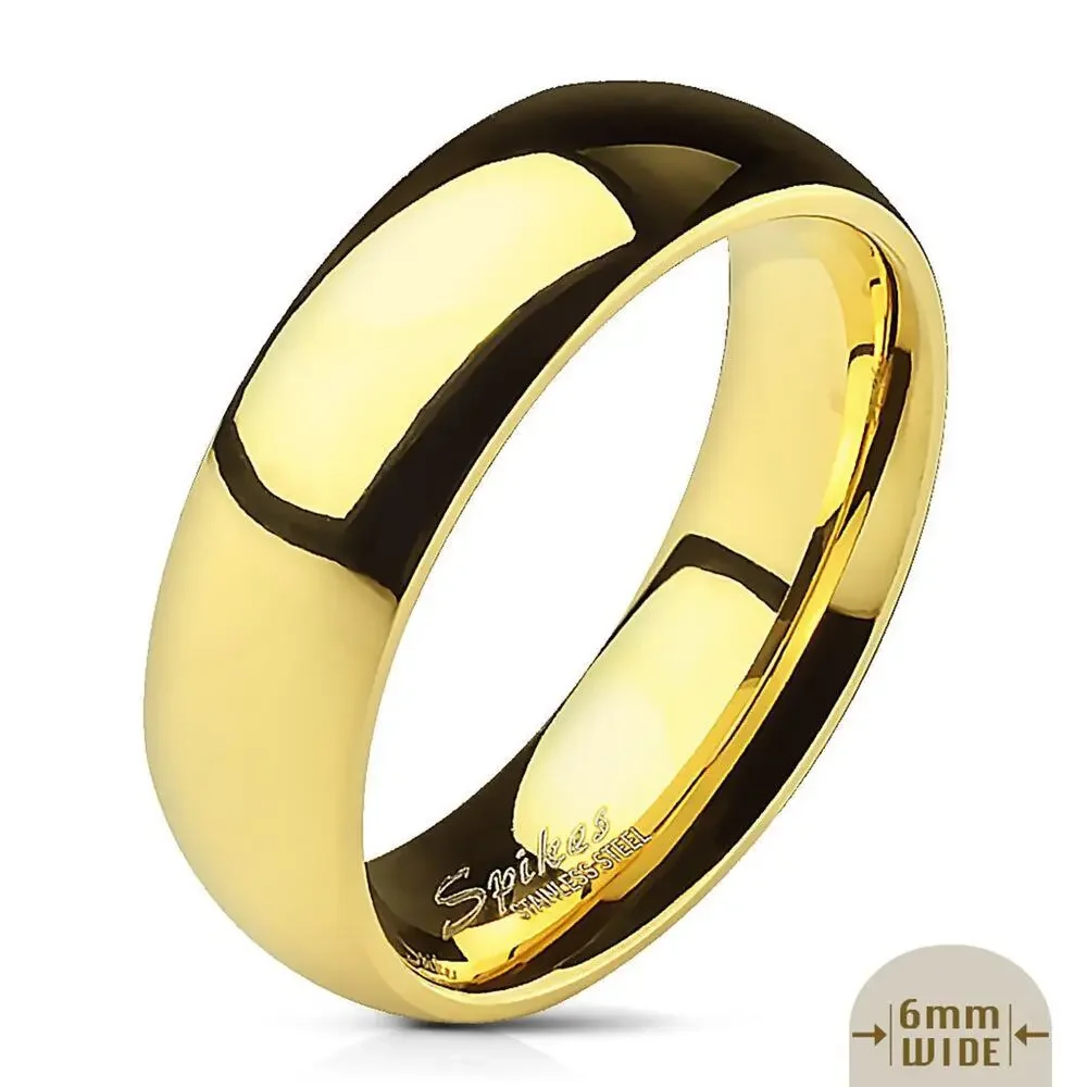 Polished Gold IP Wedding Band Ring 316L Stainless Steel 6mm width Size 10